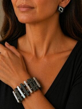 Contemporary Black and Silver Multi-Panel Bracelet and Earring Set